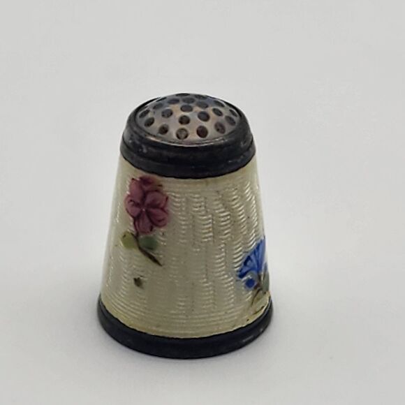 Vintage Sterling Silver Guilloche Enamel & Painted Flower Thimble - Picture 4 of 6